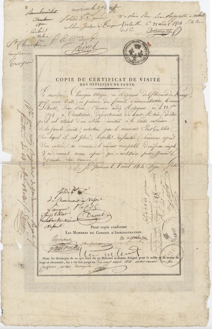 Congé De Réforme 1814 Natif De Courtavon Fait à St. Germain En Laye Héraldique - Documents Historiques