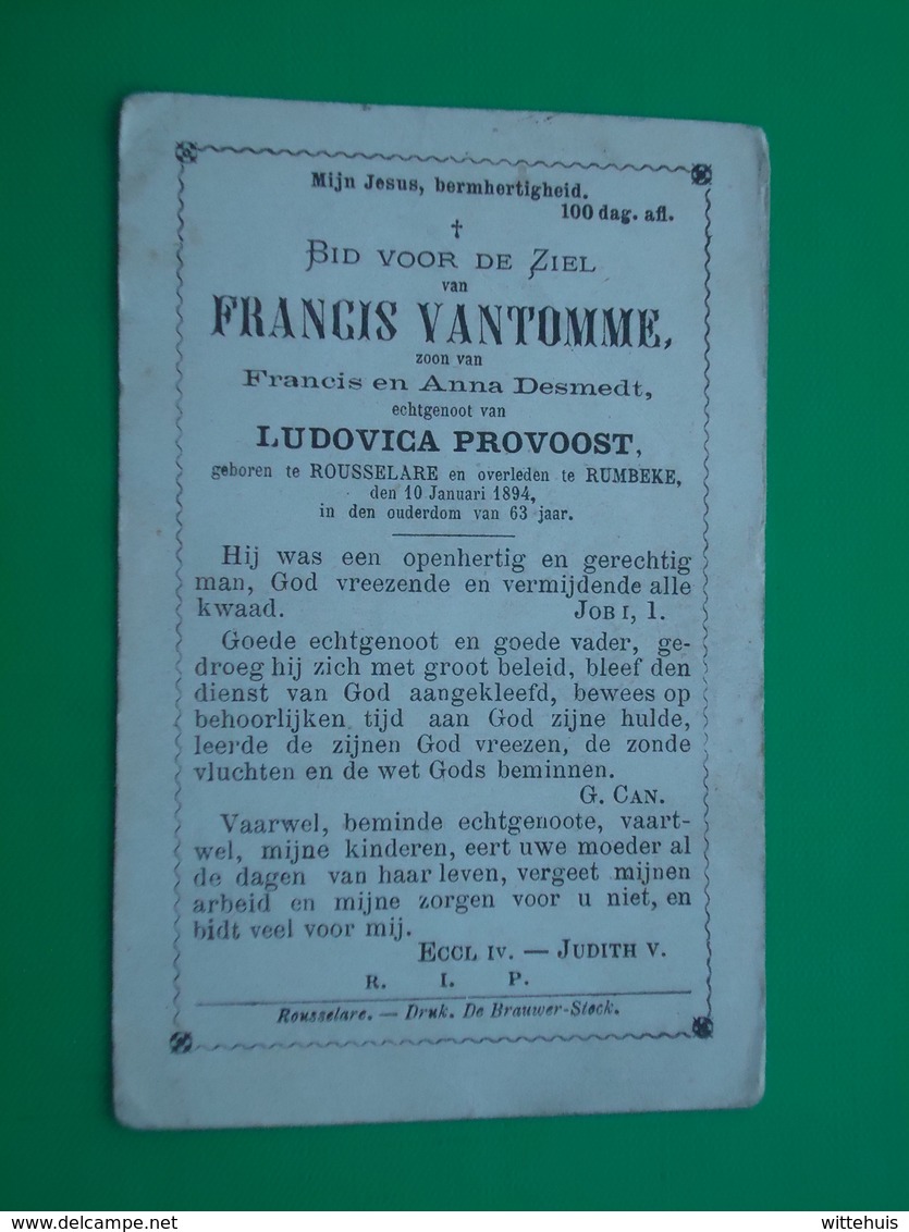 Francis Vantomme  Geboren Te Rousselaere 1837 Oveleden Te Rumbeke 1894  (2scans) - Religion & Esotérisme