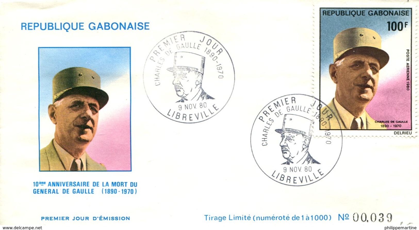 FDC Rép. Gabonaise : 10éme Anniversaire De La Mort Du Général De Gaulle - Libreville 9 Nov 1980 - N°39/1000 - Gabon
