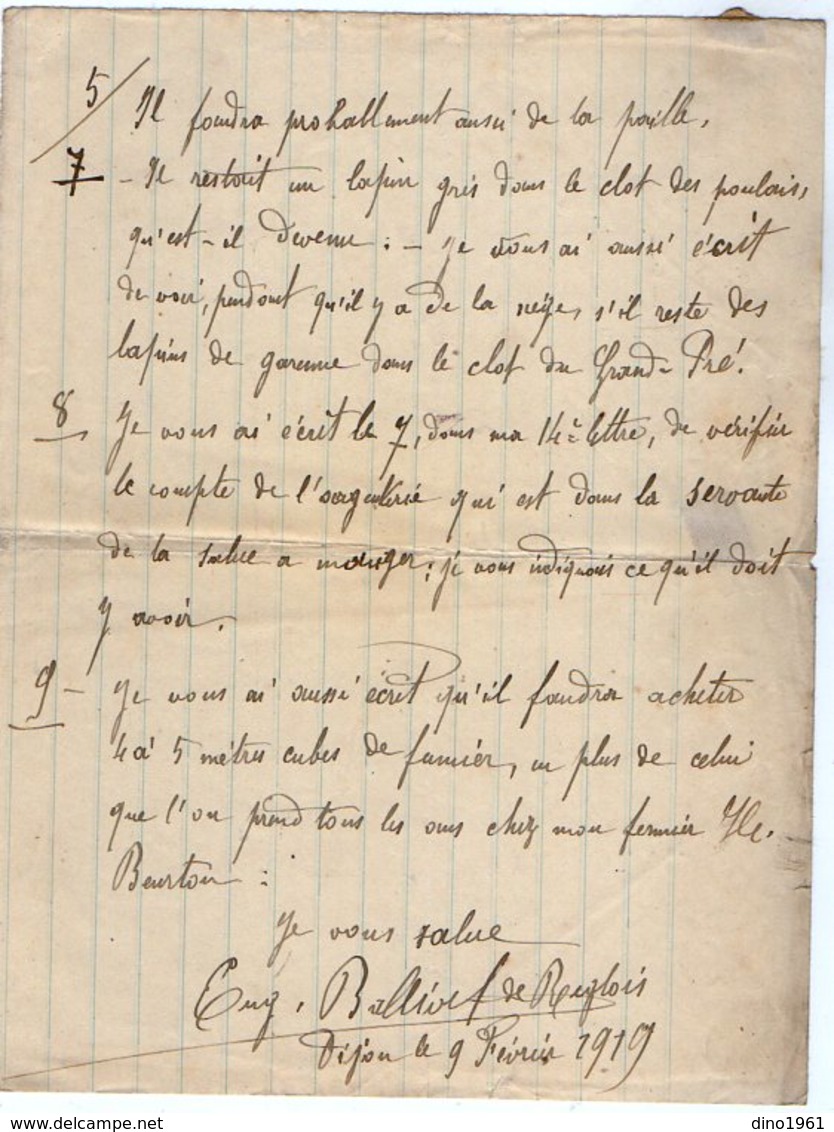 VP12.792 - 1919 -  5 Lettres De Mr E. BALLIVET De REGLOIX ( Propriétaire Du Château De LIERNAIS ) à DIJON - Manuscrits