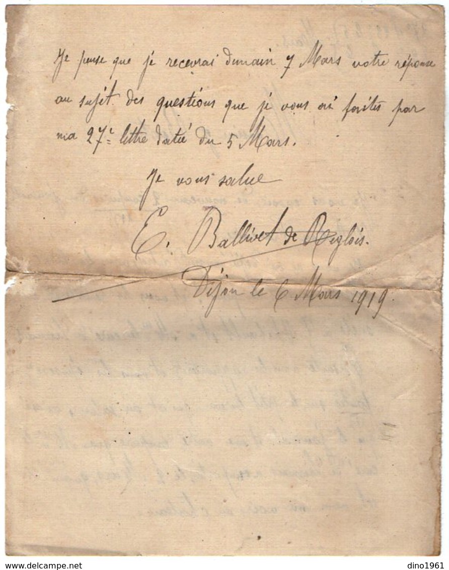 VP12.795 - 1919 -  5 Lettres De Mr E. BALLIVET De REGLOIX ( Propriétaire Du Château De LIERNAIS ) à DIJON - Manuscrits