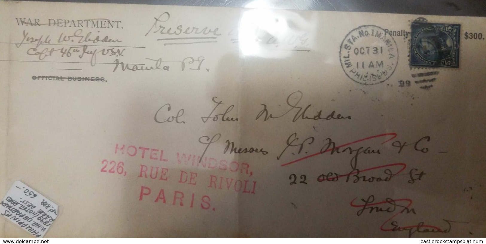 O) 1899 PHILIPPINES, WAR DEPARTMENT ULYSSES GRANT 5 CENTS - PENALTY $300 - FROM MANILA TO HOTEL WINDSOR  PARIS, RRR- NIC - Filipinas