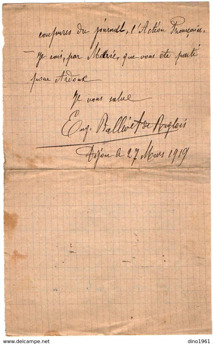 VP12.798 - 1919 -  5 Lettres De Mr E. BALLIVET De REGLOIX ( Propriétaire Du Château De LIERNAIS ) à DIJON - Manuscrits