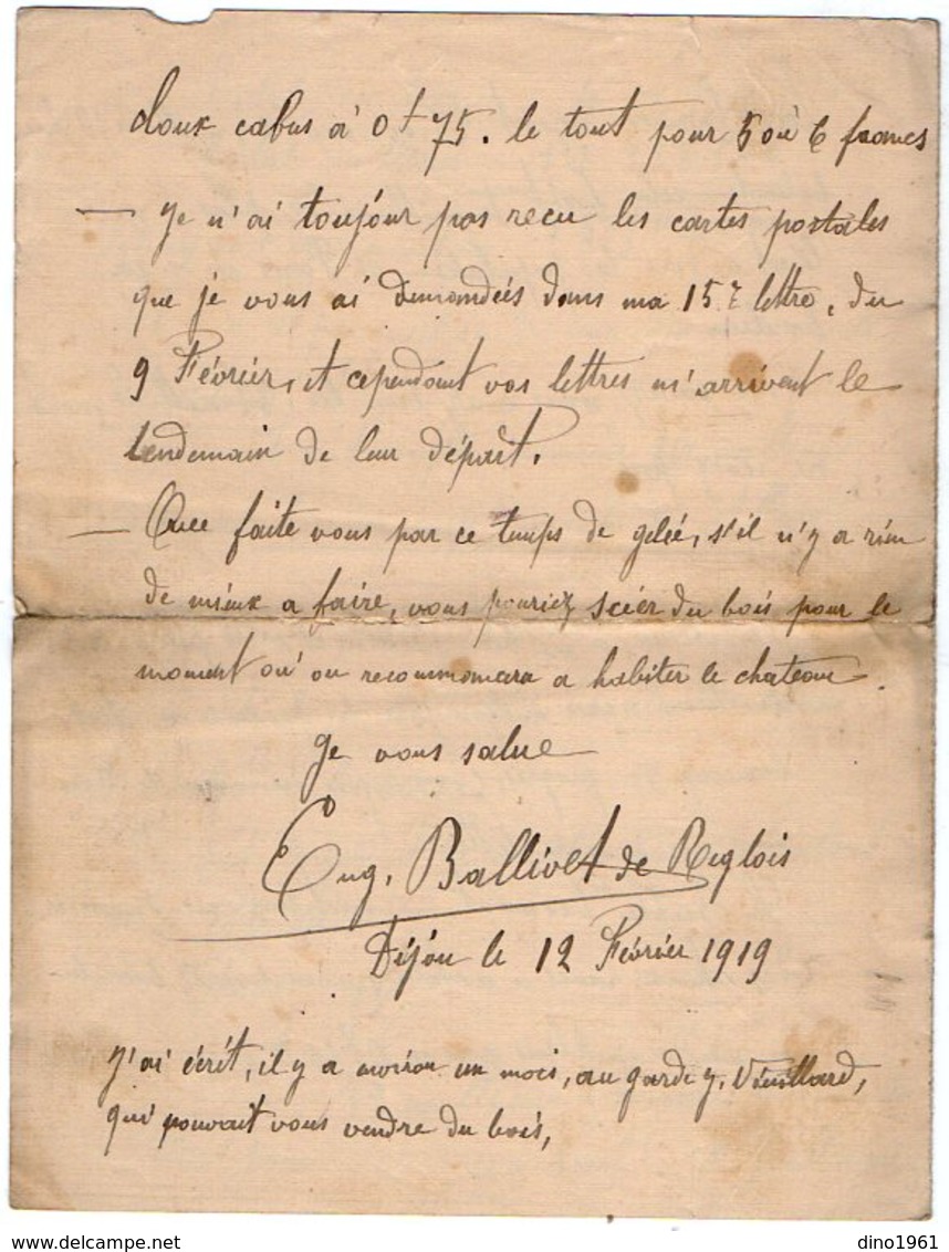 VP12.801 - Guerre 14 / 18 - Lettre De Mr E. BALLIVET De REGLOIX ( Propriétaire Du Château De LIERNAIS ) à DIJON - Manuscrits