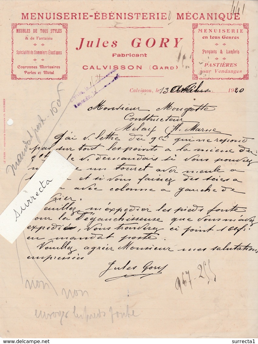 Facture 1920 / Jules GORY / Ebéniste / Fabricant / Pastières Pour Vendanges / 30 Calvisson / Gard - Autres & Non Classés