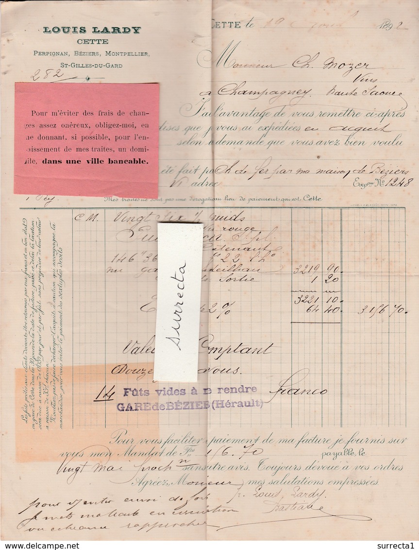 Facture 1892  / Louis LARDY / Vins / 30 Cette Gard - Autres & Non Classés