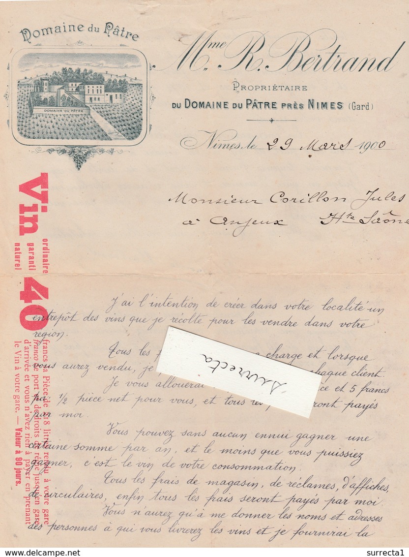 Facture 1900  / Mme R. BERTRAND / Domaine Du Pâtre / Propriétaire / 30 Nîmes Gard - Autres & Non Classés