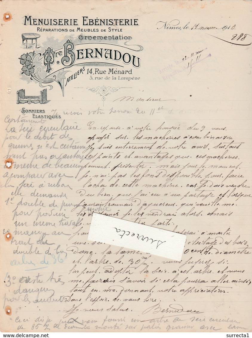 Facture 1910  / T. BERNADOU / Menuiserie / 30 Nîmes Gard - Autres & Non Classés