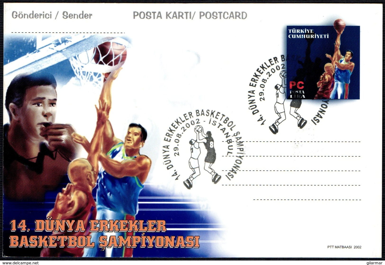 TURKEY 2002 - WORLD BASKETBALL CHAMPIONSHIP - POSTAL STATIONERY WITH SPECIAL POSTMARK - Pallacanestro