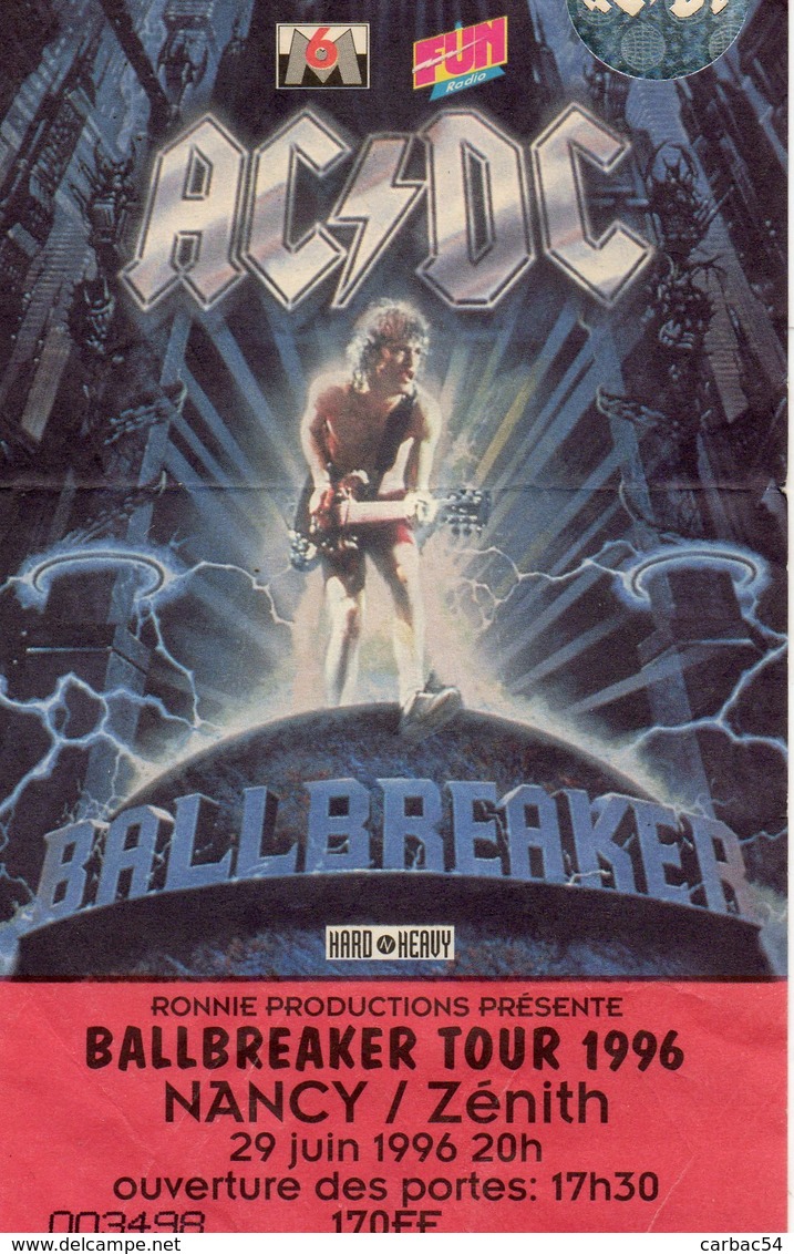 ACDC  Ballbreaker Tour Nancy Zénith 1996 - Tickets D'entrée