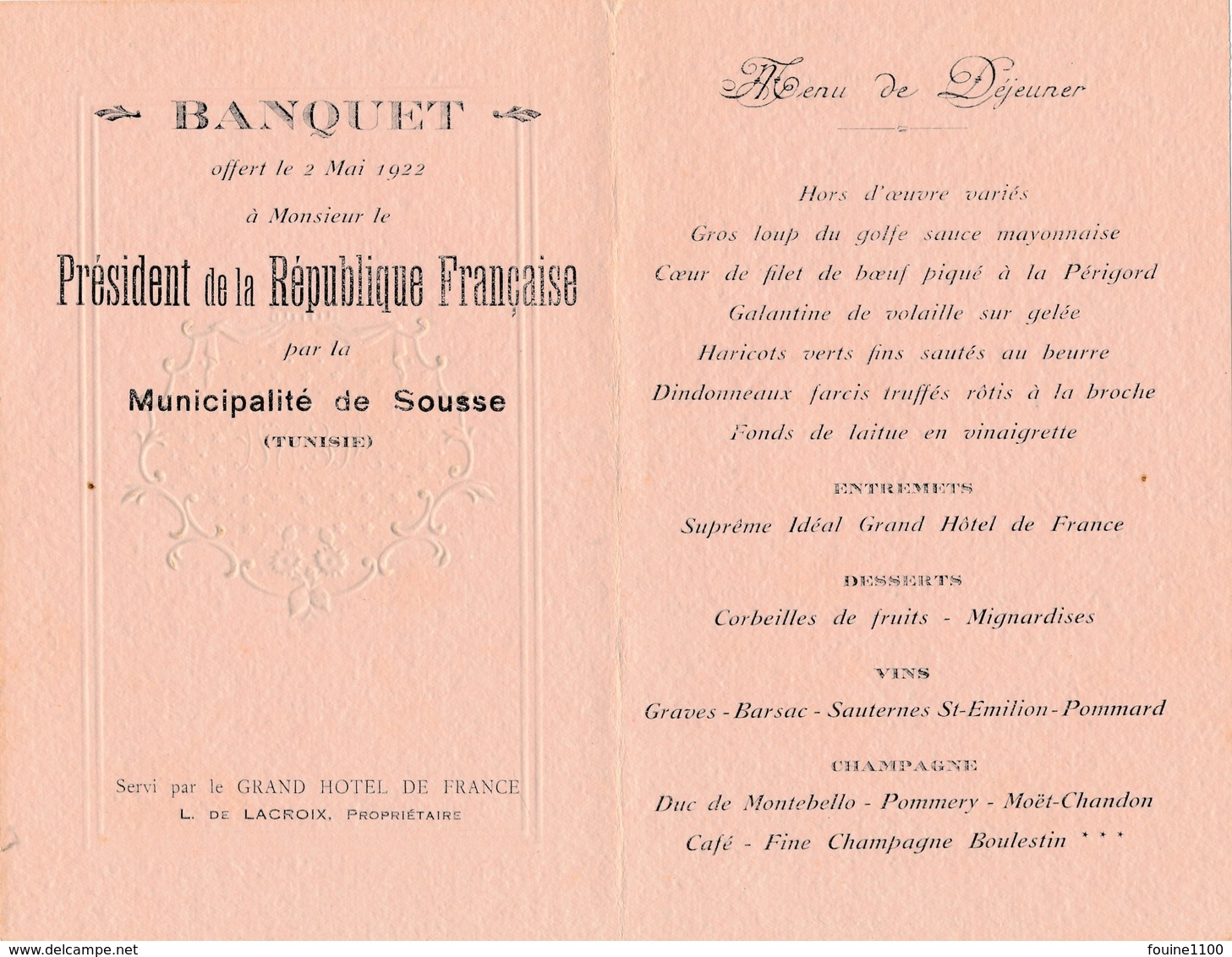 Menu Banquet Président De La République Française Par La Municipalité De SOUSSE Tunisie Grand Hôtel De France De Lacroix - Menú