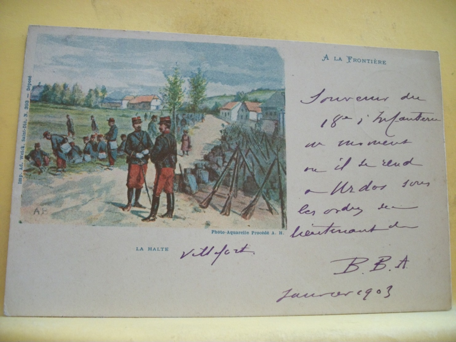 L10 9661 CPA 1903 - MILITARIAT - A LA FRONTIERE. LA HALTE - PHOTO AQUARELLE PROCEDE A. H. - ANIMATION - Manovre
