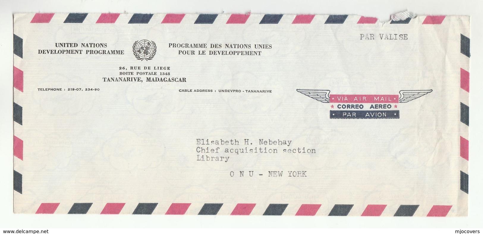 UN In MADAGASCAR Via DIPLOMATIC BAG 'Pouch' TANANARIVE UNDP To UN NY USA United Nations Cover - Madagaskar (1960-...)