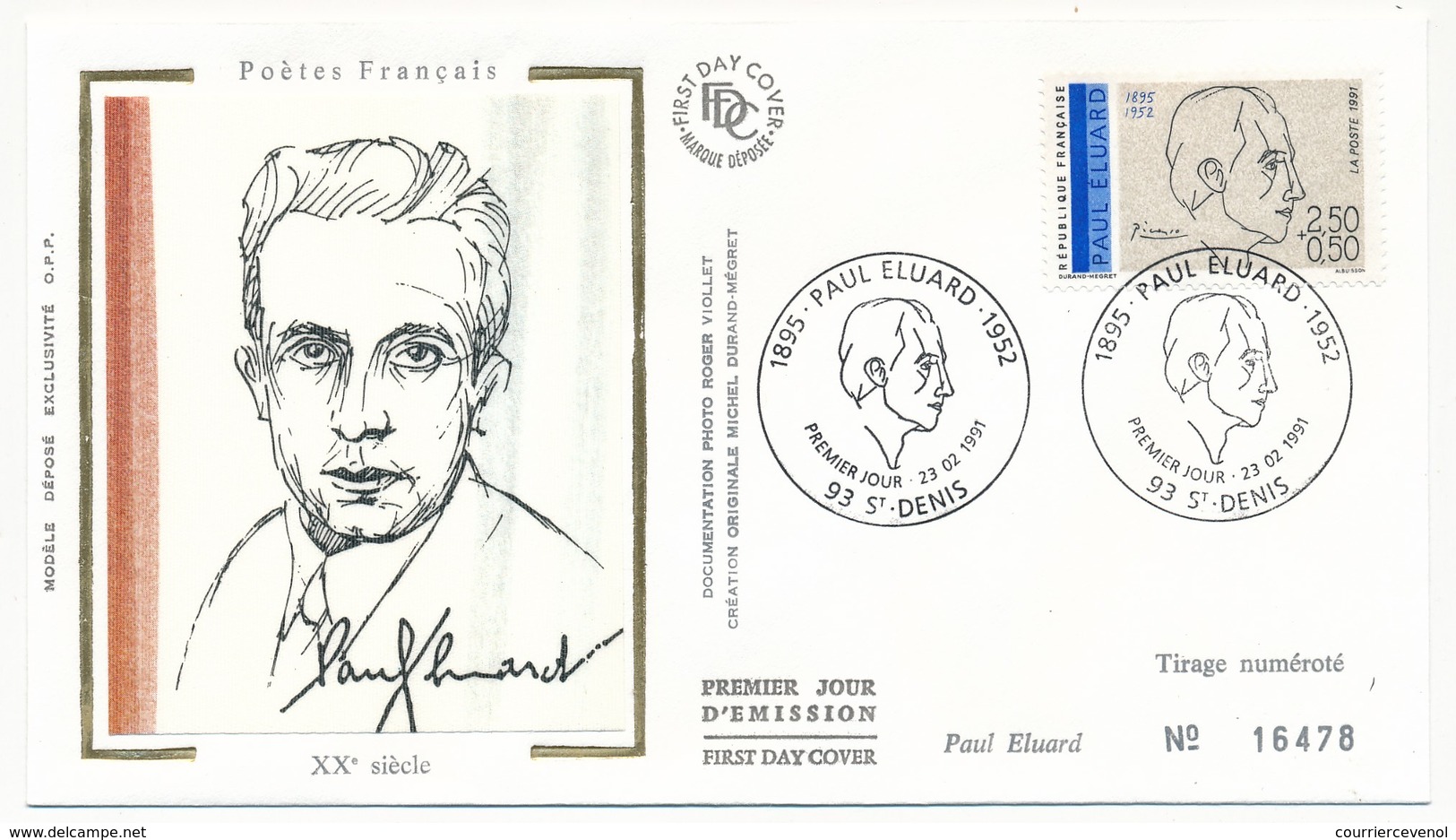 FRANCE => 6 Enveloppes FDC Soie - Série Des Poètes Français : Eluard, Breton, Ponge, Char, Prévert, Aragon - 1991 - 1990-1999