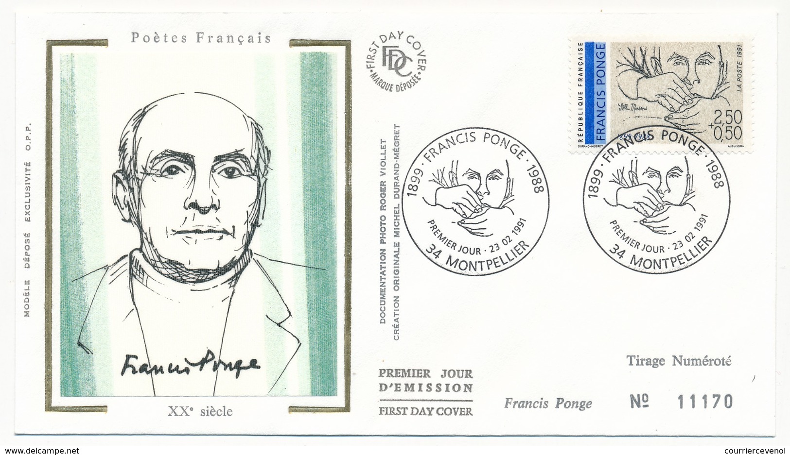 FRANCE => 6 Enveloppes FDC Soie - Série Des Poètes Français : Eluard, Breton, Ponge, Char, Prévert, Aragon - 1991 - 1990-1999