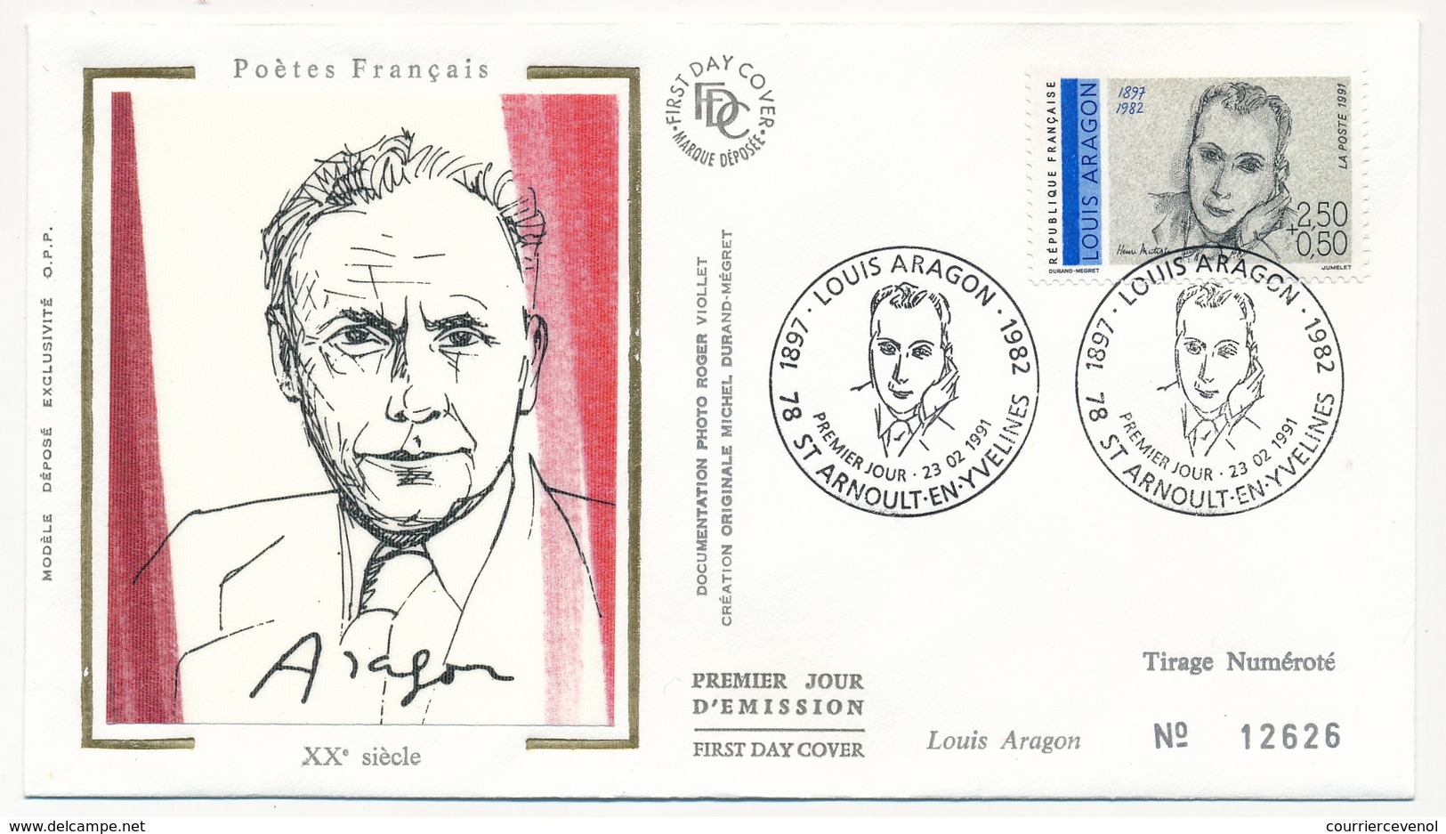 FRANCE => 6 Enveloppes FDC Soie - Série Des Poètes Français : Eluard, Breton, Ponge, Char, Prévert, Aragon - 1991 - 1990-1999