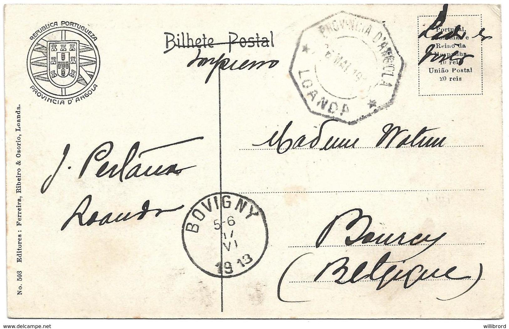 ANGOLA (Portugal) PPC In 1913 - Loanda To Bovigny, Belgium - 5r King Manuel Republica Franking (2) - Angola