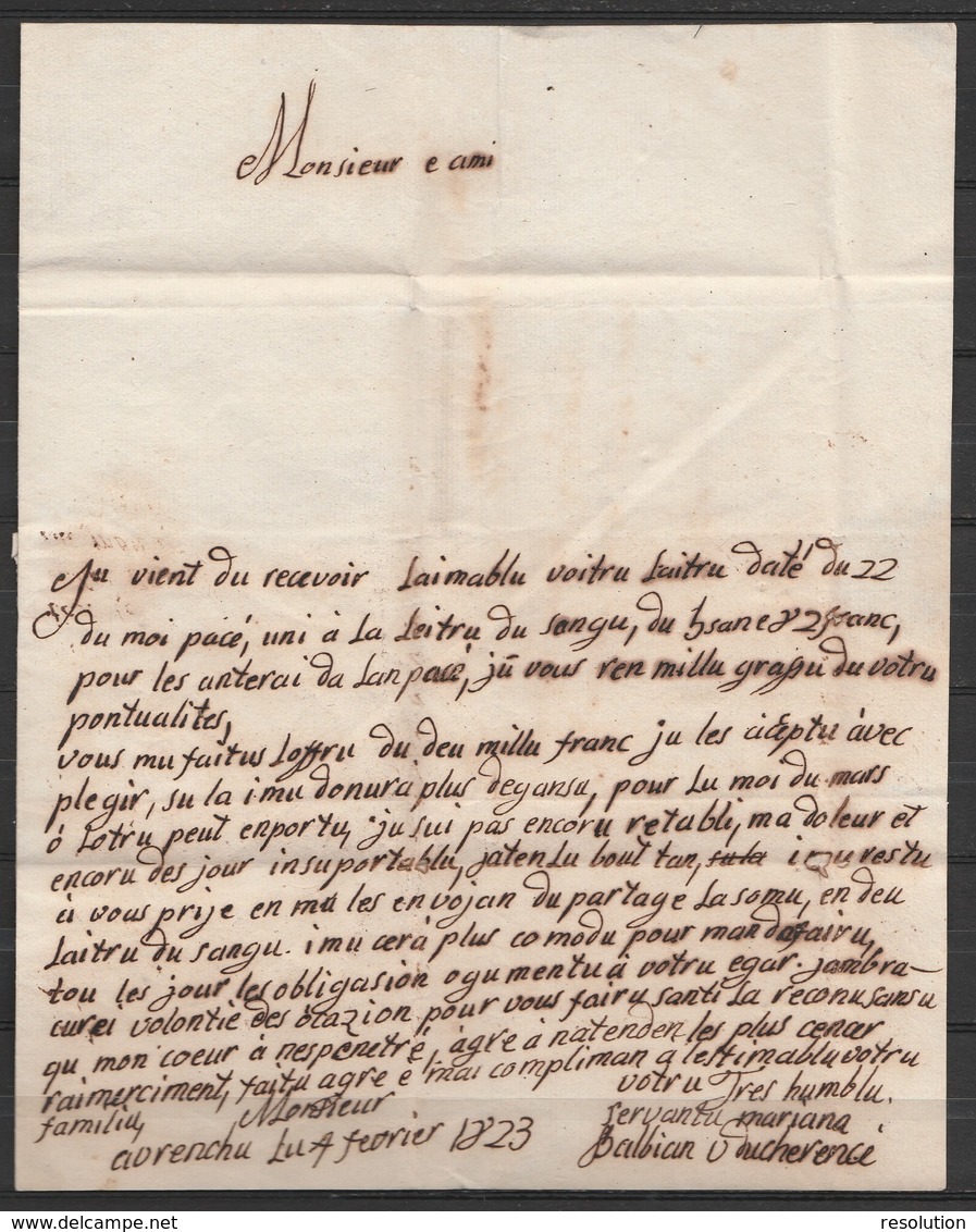 L. Datée 4 Février 1823 De AVRANCHES Pour TORINO (Turin Italie) - Griffe "AVRANCHES" + "C.F.5.R" + "C.F.4.R" Rouge - 1801-1848: Précurseurs XIX