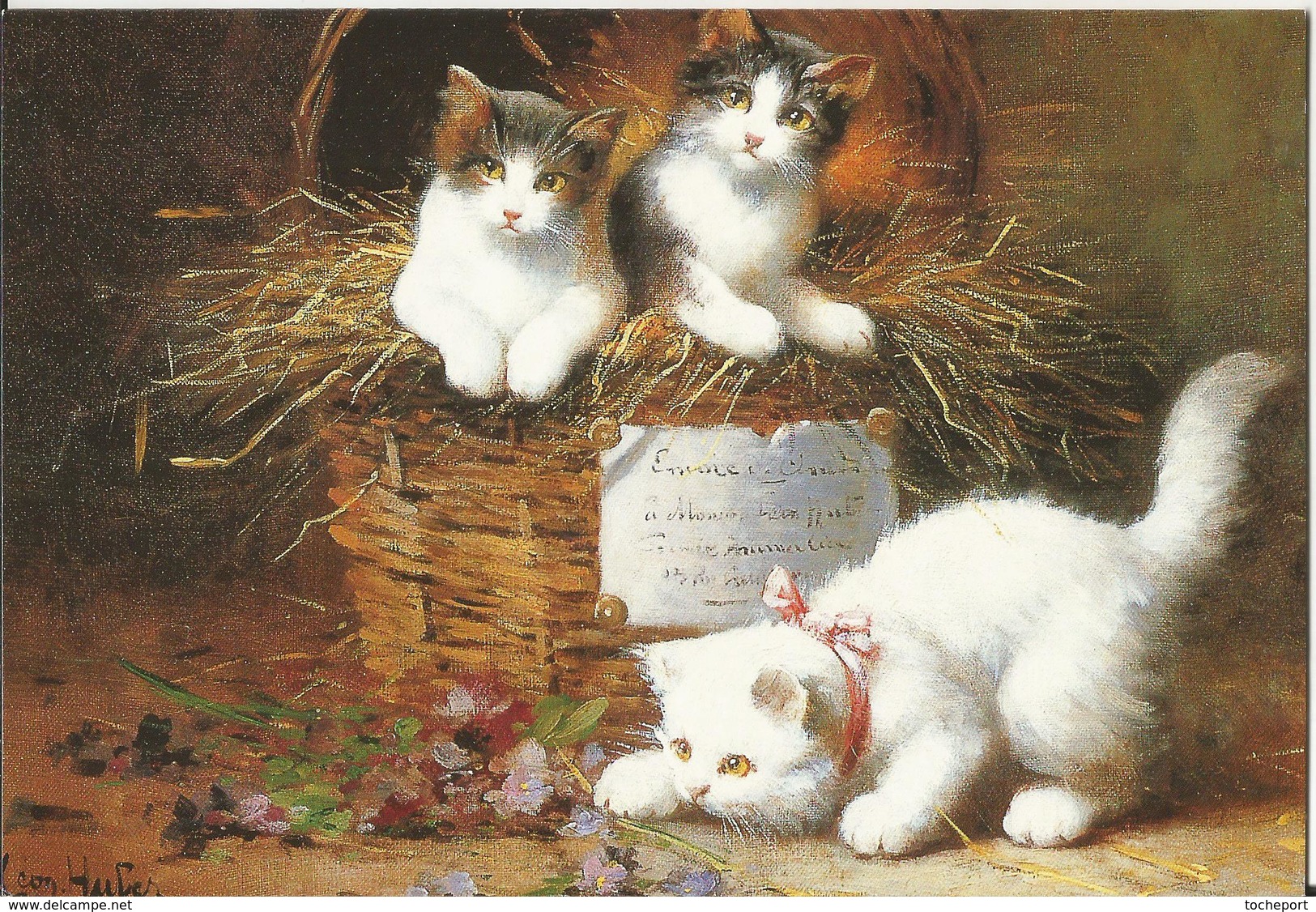 CHAT CAT KATZE ILLUSTRATEUR LEON CHARLES HUBERT NAIF 2000  CP DOUBLE  CHATON PANIER OSIER - Cats