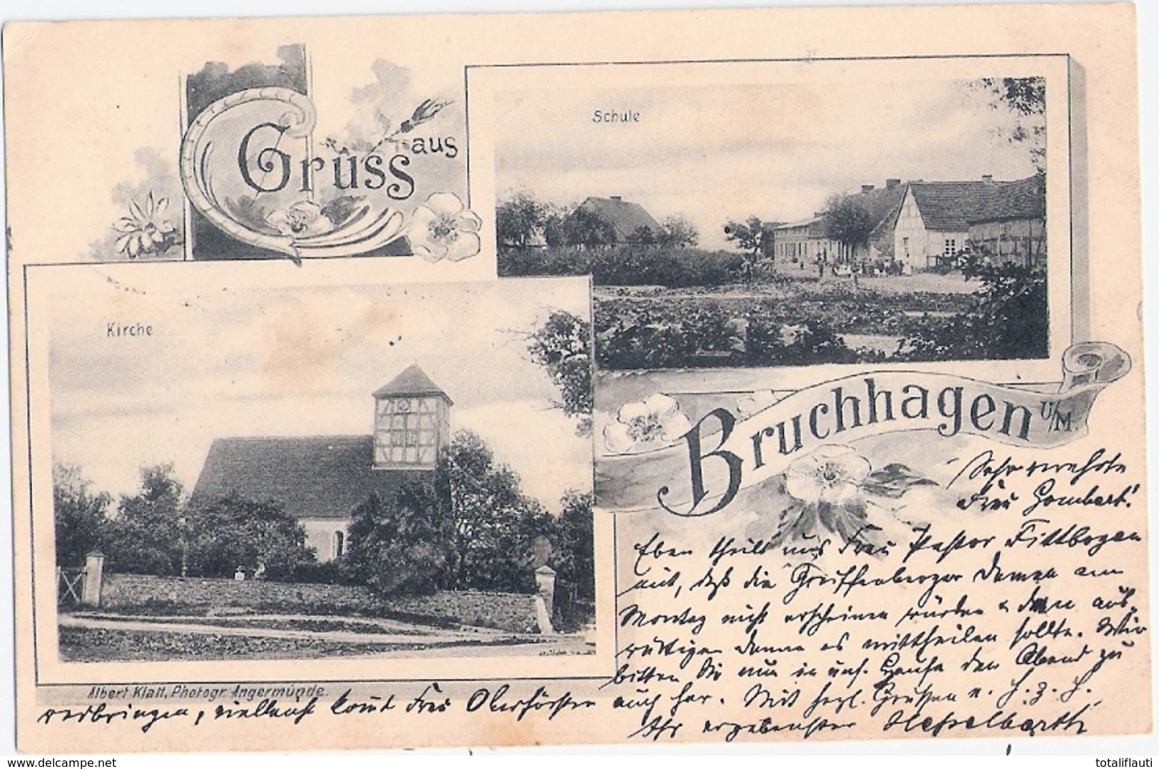 Gruss Aus BRUCHHAGEN Angermünde Kirche Schule Jugendstil 5.9.1902 Gelaufen - Angermuende
