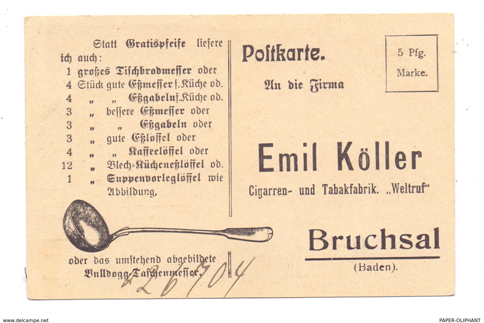 7520 BRUCHSAL, Firmen-Karte Emil Köller, Cigarren- Und Tabakfabrik - Bruchsal