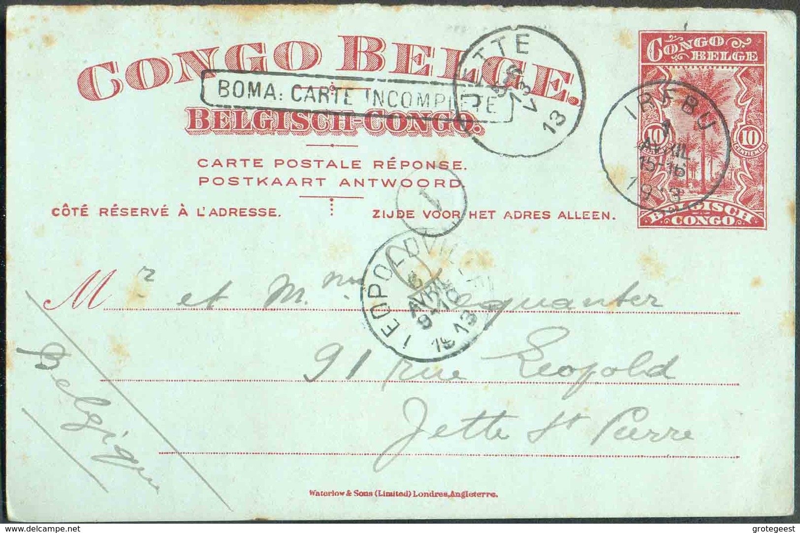 E.P. Carte 10 Centimes Palmier, Griffe BOMA CARTE INCOMPLET -partie Réponse-, Obl. Sc IREBU Du 1 Avril 1913 Vers Jette ( - Stamped Stationery