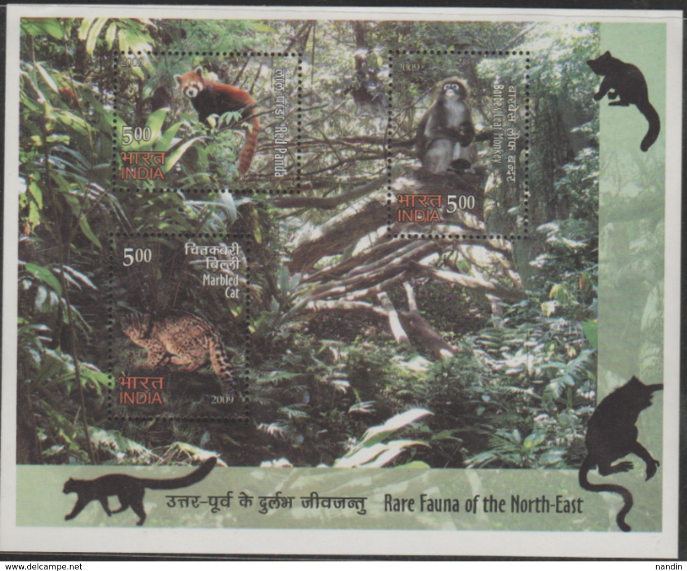 INDIA-2009   MINIATURE SHEET  / RARE FAUNA OF NORTH EAST INDIA / LEAF MONKEY/RED PANDA/MARBLED CAT - Unused Stamps