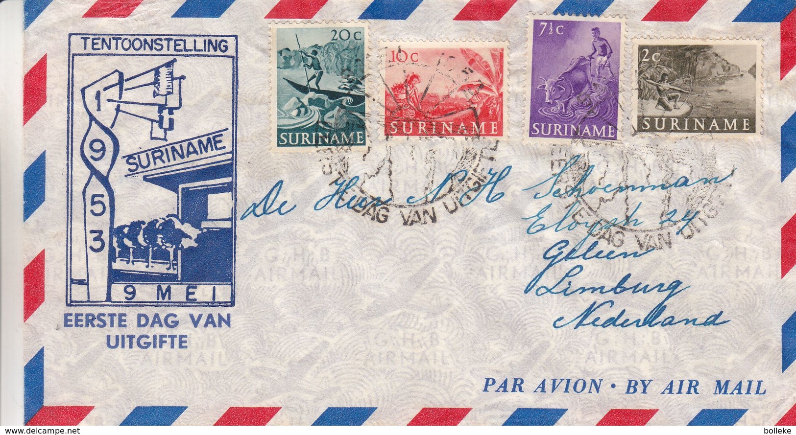 Pays Bas - Suriname - Lettre FDC De 1953 - Exp Vers Geleen - Chasse à L 'arc - Bovins - Pirogue - Suriname ... - 1975