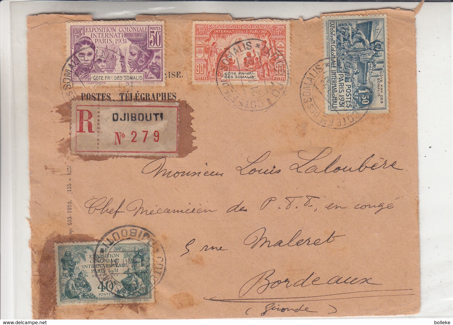 France - Côte Fr Des Somalis - Lettre Recom De 1931 ° - Oblit Djibouti - Exp Vers Bordeaux - Expo De Paris - Lettres & Documents