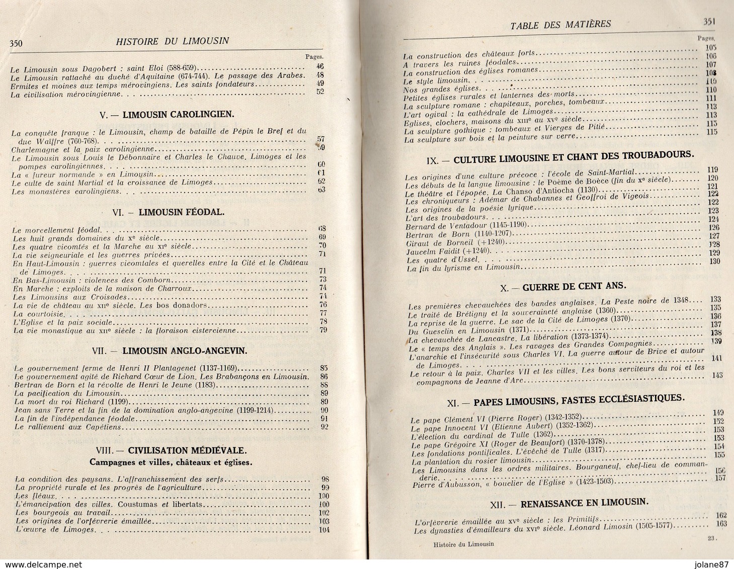 LIVRE -  HISTOIRE DU LIMOUSIN ET DE LA MARCHE LIMOUSINE  - J. NOUAILLAC   -  TABLE DES MATIERES SUR SCANS - Limousin