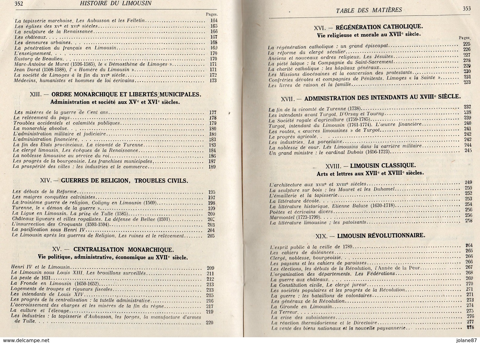 LIVRE -  HISTOIRE DU LIMOUSIN ET DE LA MARCHE LIMOUSINE  - J. NOUAILLAC   -  TABLE DES MATIERES SUR SCANS - Limousin