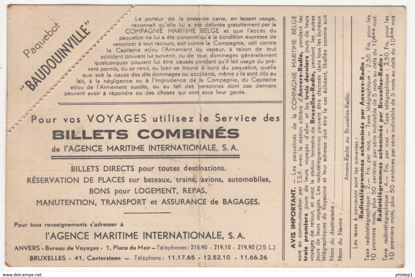 Compagnie Maritime Belge. Permis De Visite Du Paquebot "Baudouinville". N° 170 - Other & Unclassified