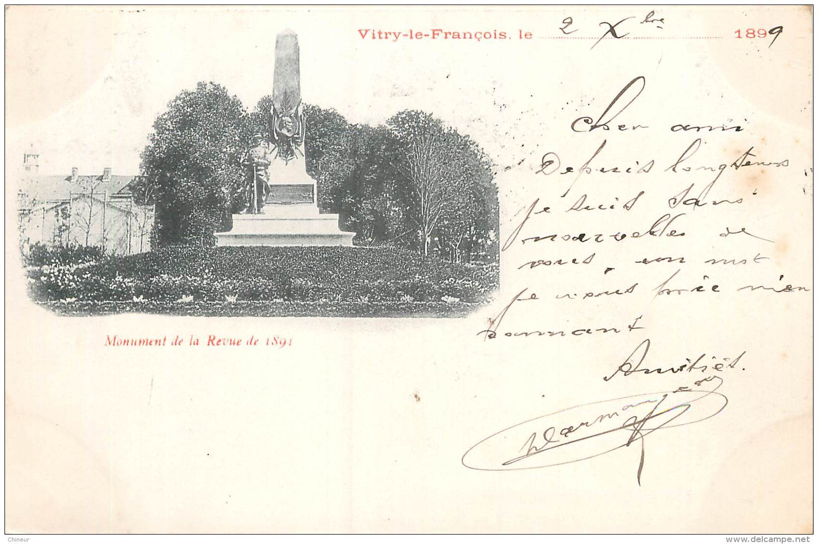 CARTE PRECURSEUR TIMBREE TYPE SAGE 1899 VITRY LE FRANCOIS MONUMENT DE LA REVUE DE 1891 - Vitry-le-François