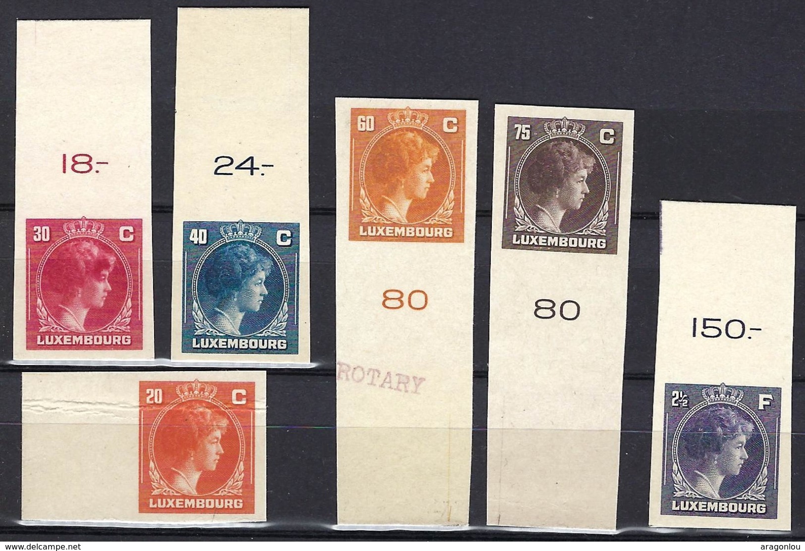 Grand-Duchesse Charotte 1944-46, Essais Sur Papier Carton, 6 Timbres:Michel:349,351,353,355,358,364 (3scans) - Essais & Réimpressions