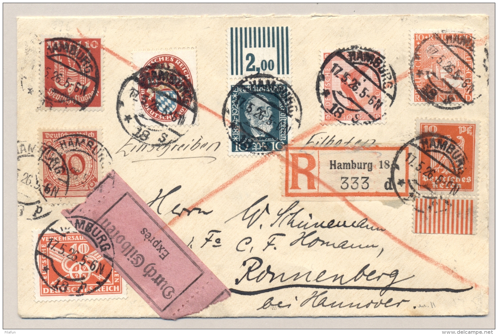 Deutsches Reich - 1926 - 9 Stamps On R-Express Cover From Hamburg To Ronnenberg - Brieven En Documenten