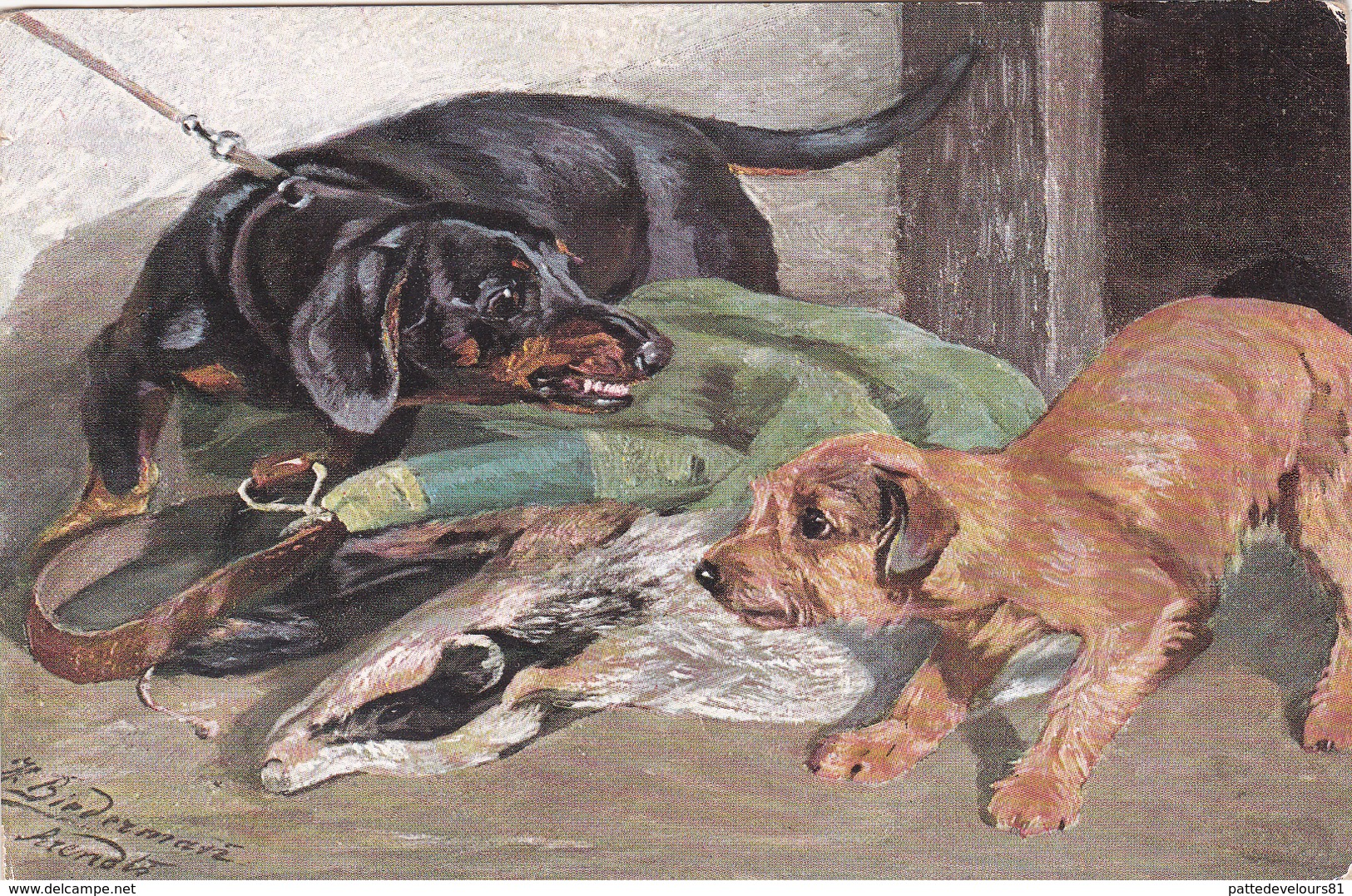 CPA Chien De Chasse Teckel Dackel Dachshund Gibecière Blaireau Illustrateur - Chiens