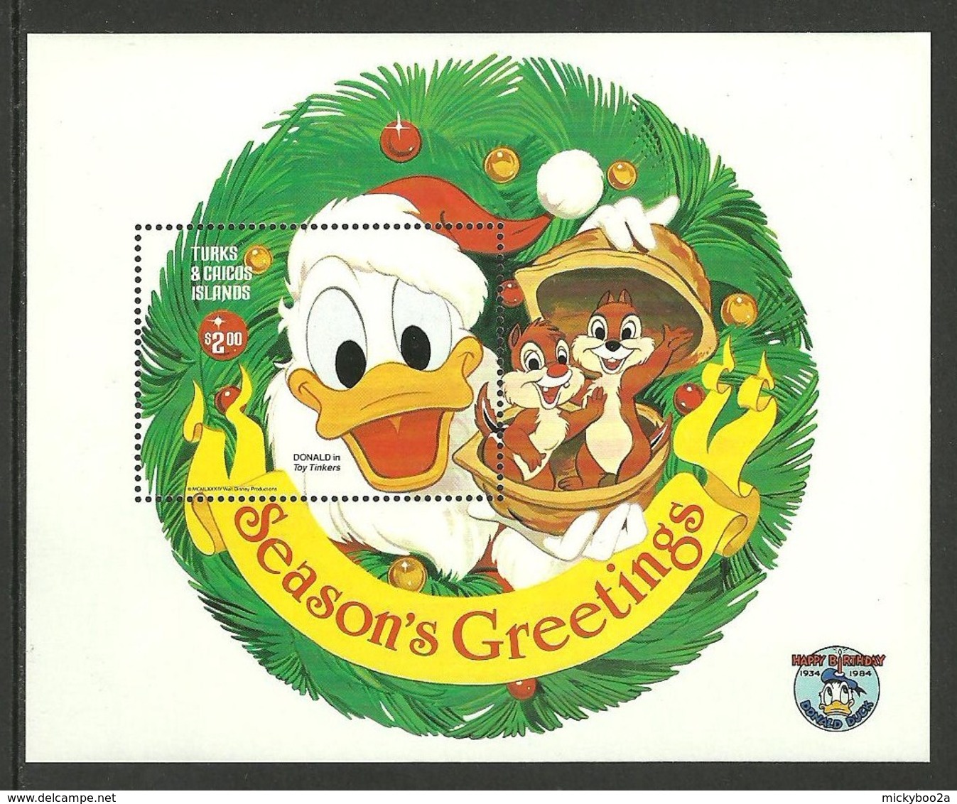 TURKS & CAICOS 1984 DISNEY DONALD DUCK CHRISTMAS CHIP N DALE M/SHEET MNH - Turks And Caicos