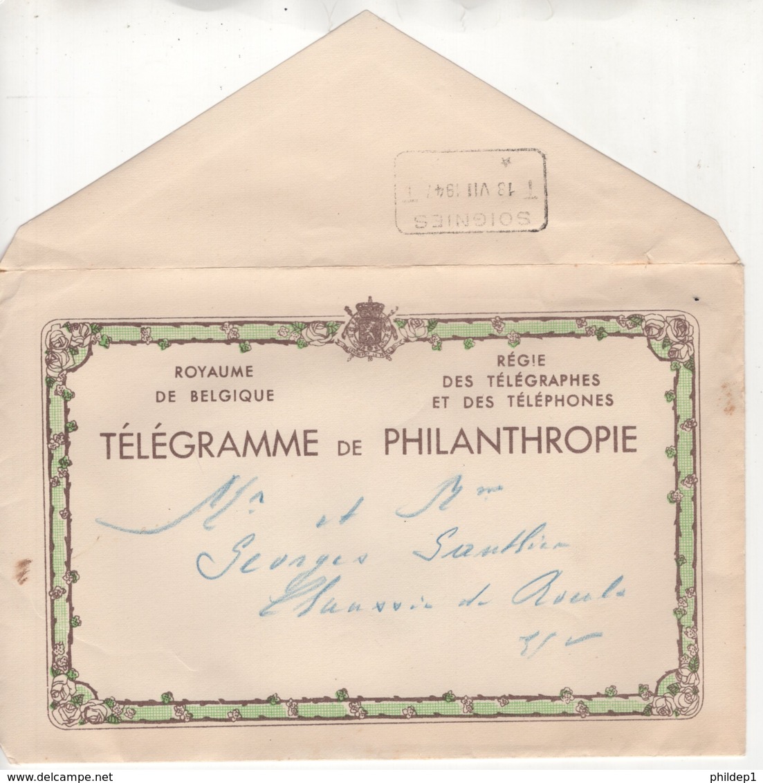 Belgique RTT. Télégramme De Soignies Vers Soignies Du 18/VII/1947 (avec Enveloppe) - Telegrammi