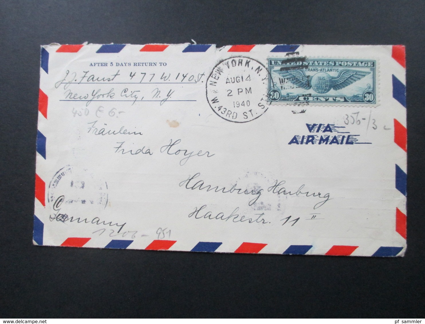 USA 1939 / 40 Flugpostmarke Transatlantikflug New York - Marseille. Air Mail. OKW Zensur. Geprüft - Covers & Documents