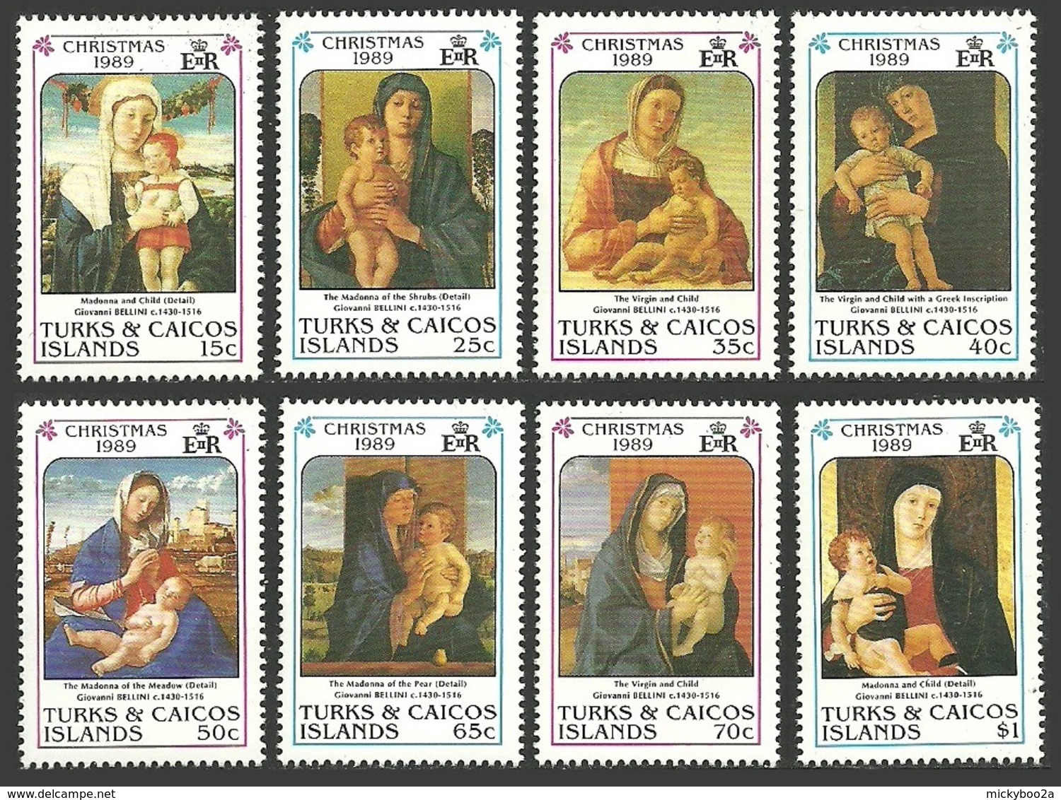 TURKS & CAICOS 1989 ART PAINTINGS BELLINI CHRISTMAS MADONNAS SET MNH - Turks And Caicos