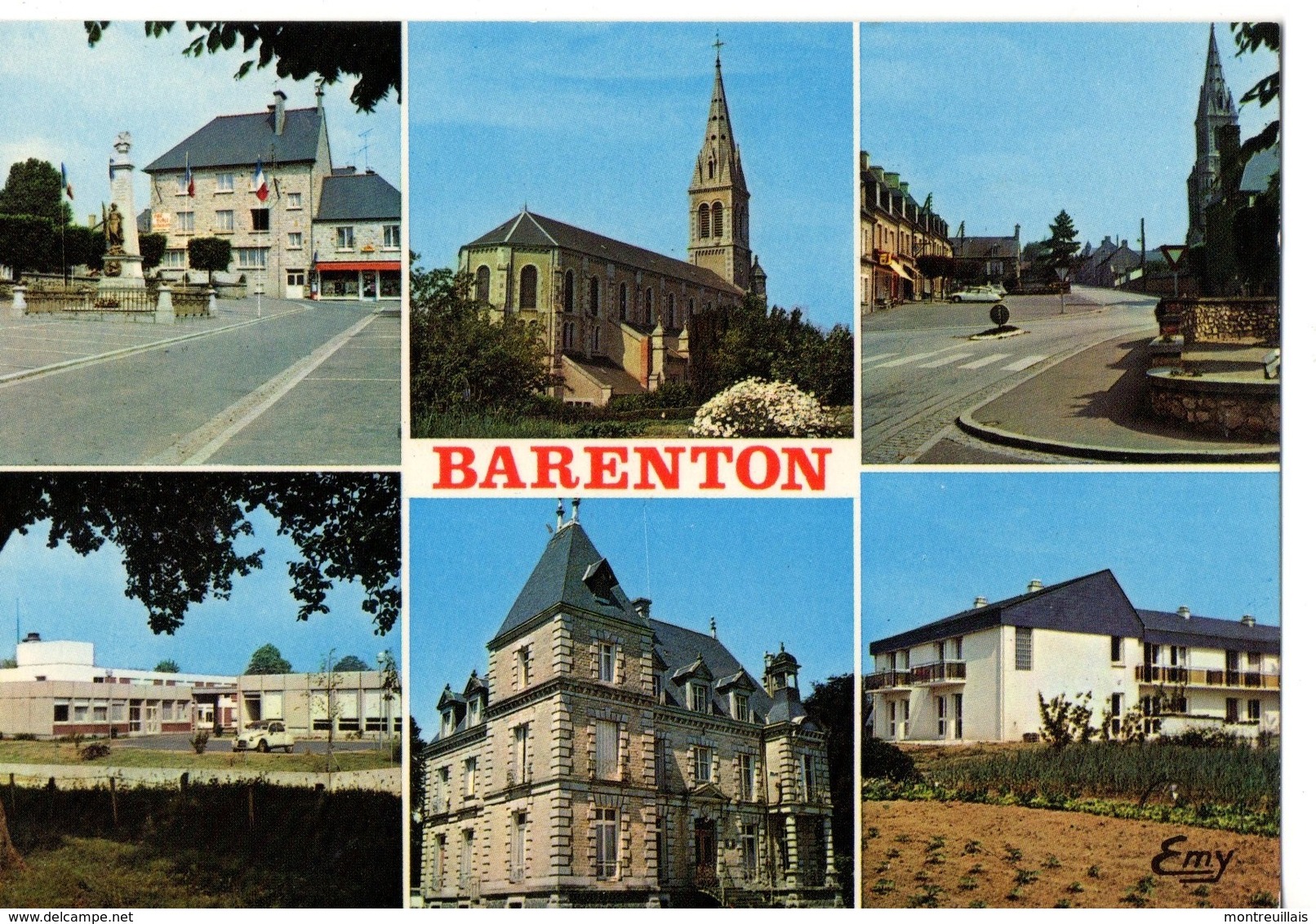 CPM, BARENTON, (50), Manche,  Multivues, Jamais Voyagée, église Mairie, Place - Barenton
