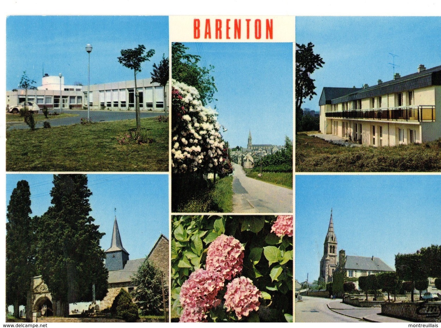 CPM, BARENTON, (50), Manche,  Multivues, Jamais Voyagée, église Mairie, Place - Barenton