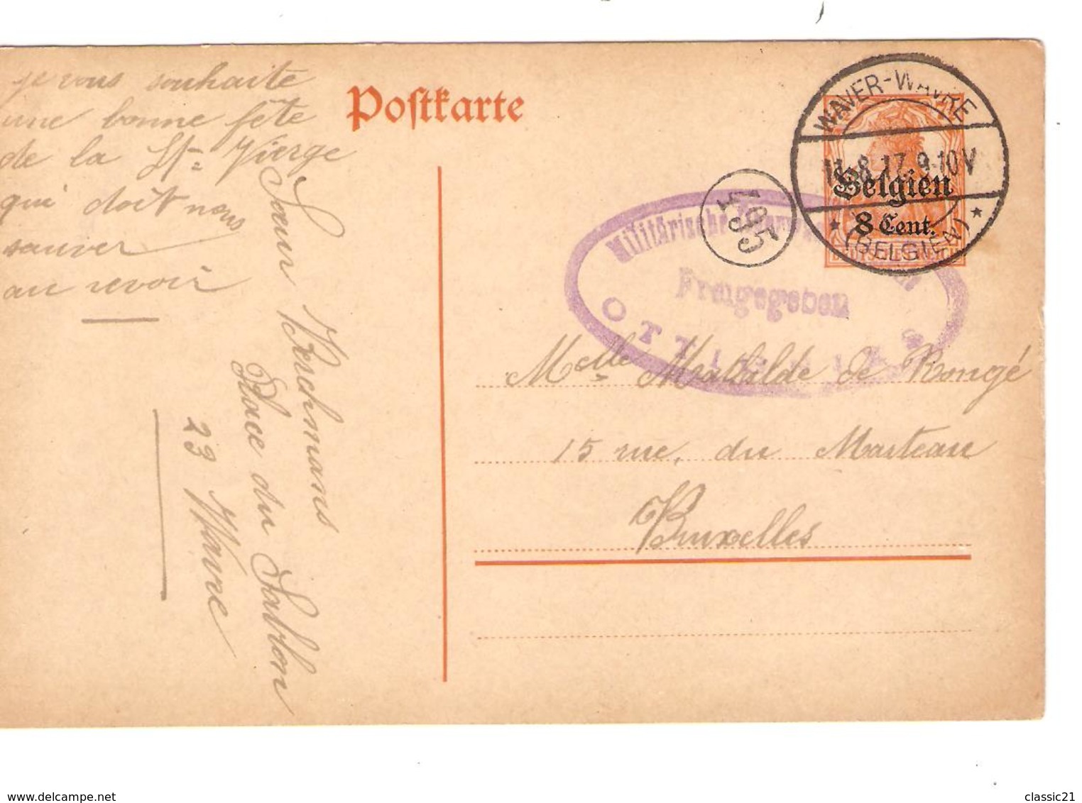 2340/ Entier CP 8c C.Waver-Wavre 1917 V.BXL Censure Ottignies - OC1/25 Gouvernement Général