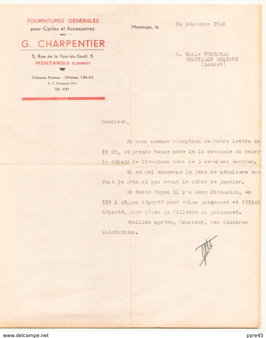 Lettre à En Tête " G.Charpentier Fournitures Pour Cycles Et Accessoires " à Montargis Le 14 Décembre 1949 - 1900 – 1949