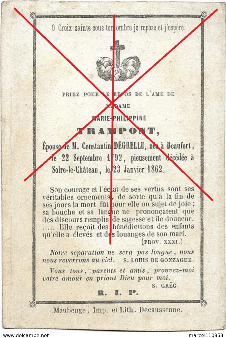 Solre-le-Château ( Trampont Marie épouse Degrelle Constantin - Arrière Grand' Mère Léon Degrelle 1792/1862 - Obituary Notices