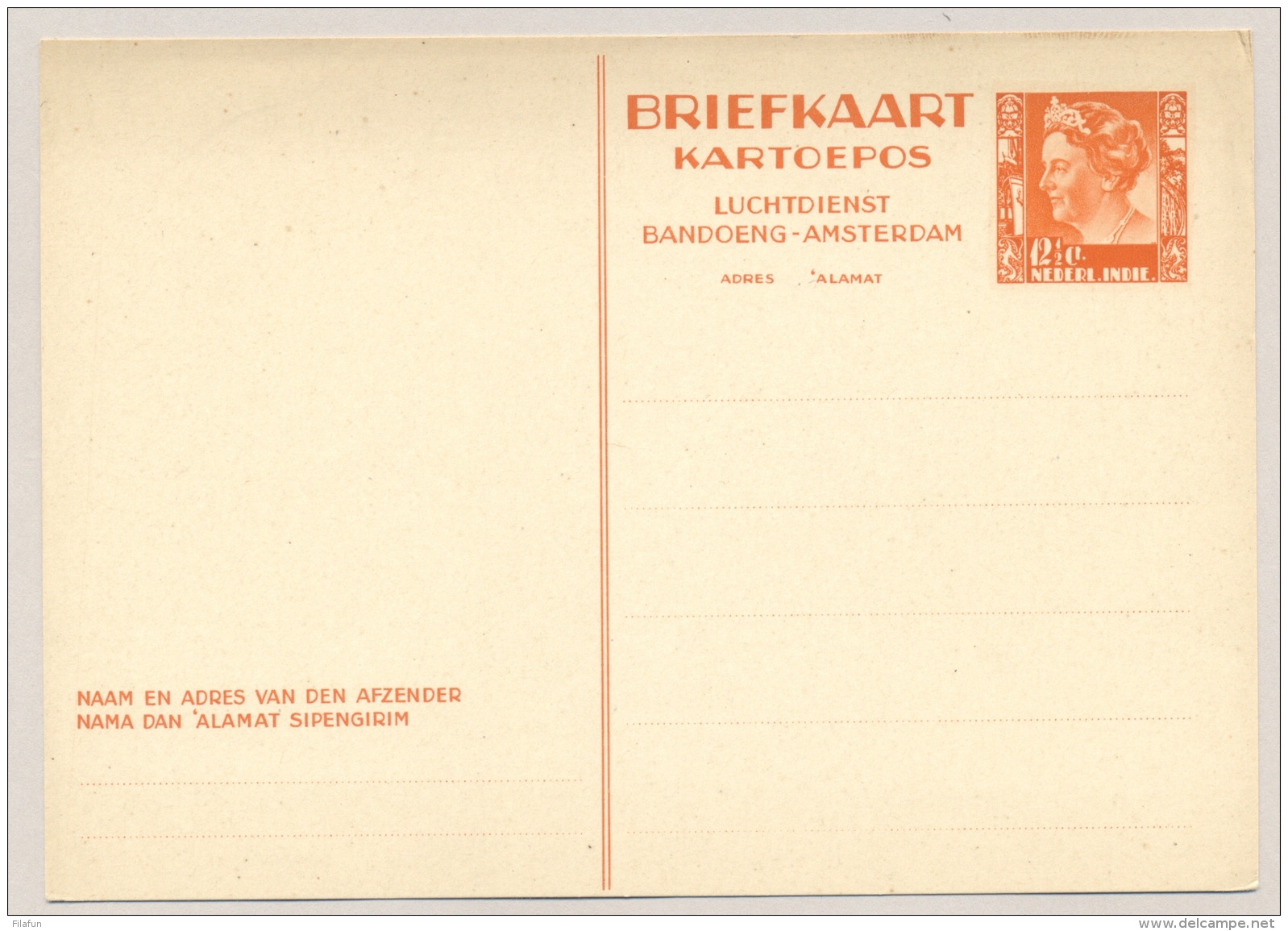 Nederlands Indië - 1938 - 12,5c Wilhelmina, Luchtdienst Bandoeng-Amsterdam, Briefkaart G67 - Ongebruikt - Nederlands-Indië