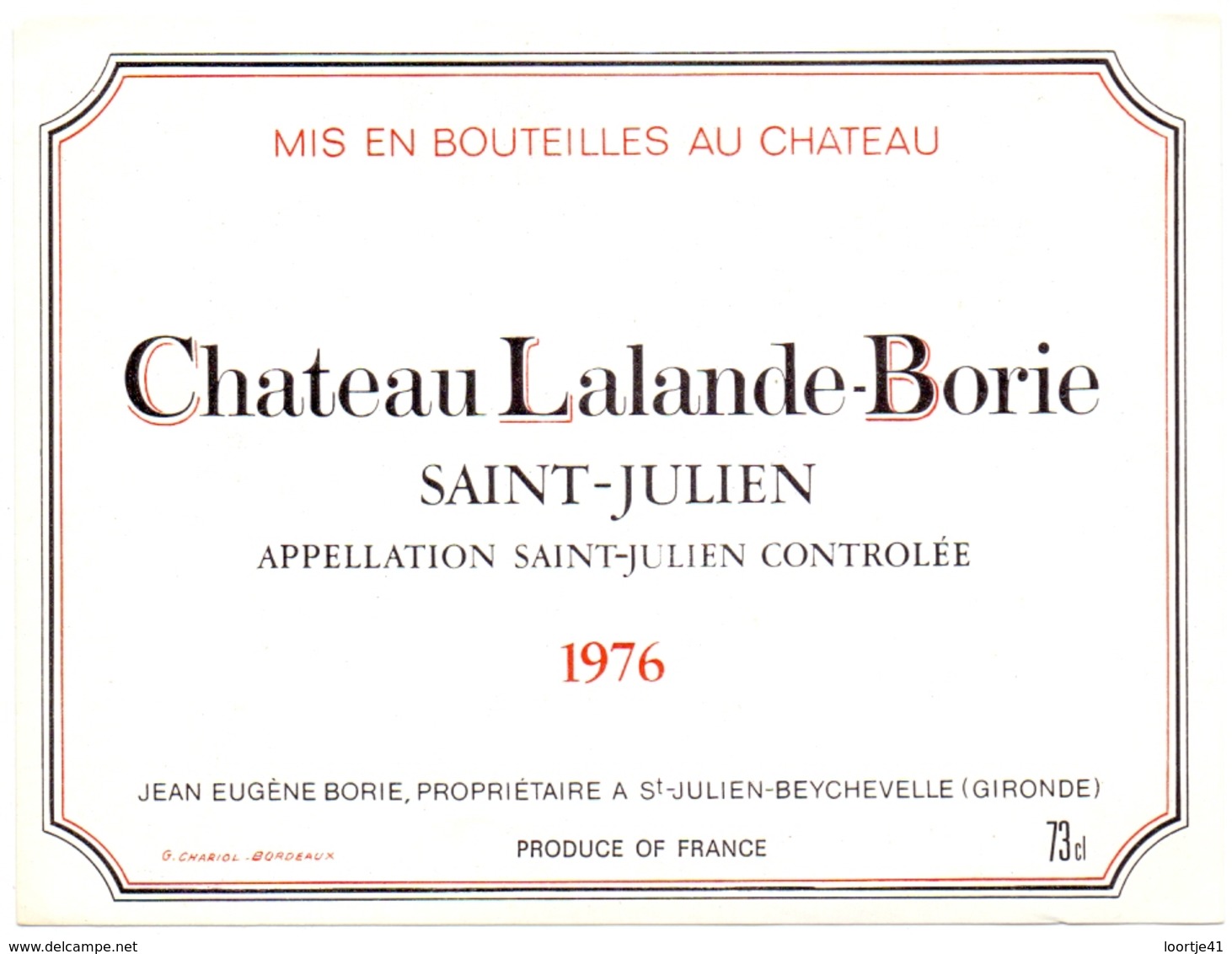 Etiket Etiquette - Vin - Wijn - Chateau Lalande Borie - Saint Julien 1976 - Bordeaux