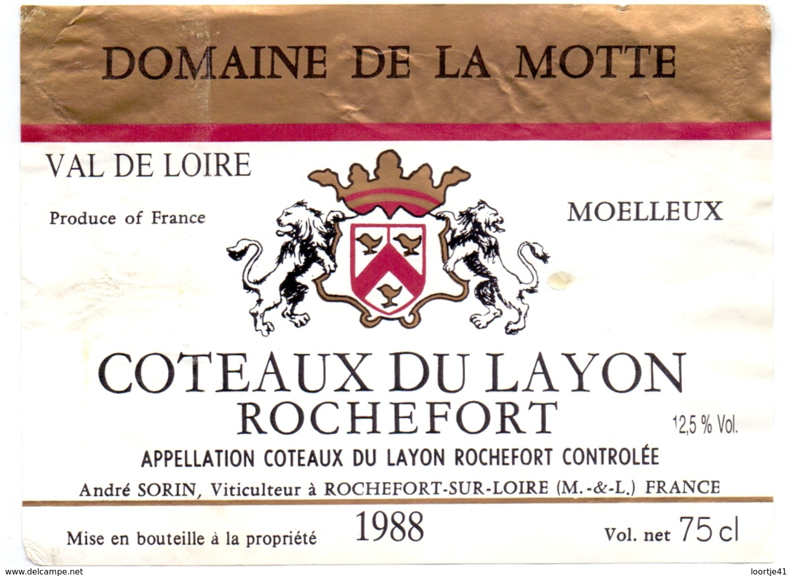 Etiket Etiquette - Vin - Wijn - Domaine De La Motte - Coteaux Du Layon - Rochefort 1988 - Rouges