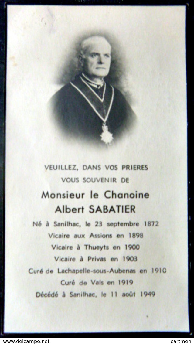 07 SANILHAC FAIRE PART DE DECES MEMENTO MORI CHANOINE ALBERT SABATIER  GENEALOGIE   AVEC PHOTO - Décès