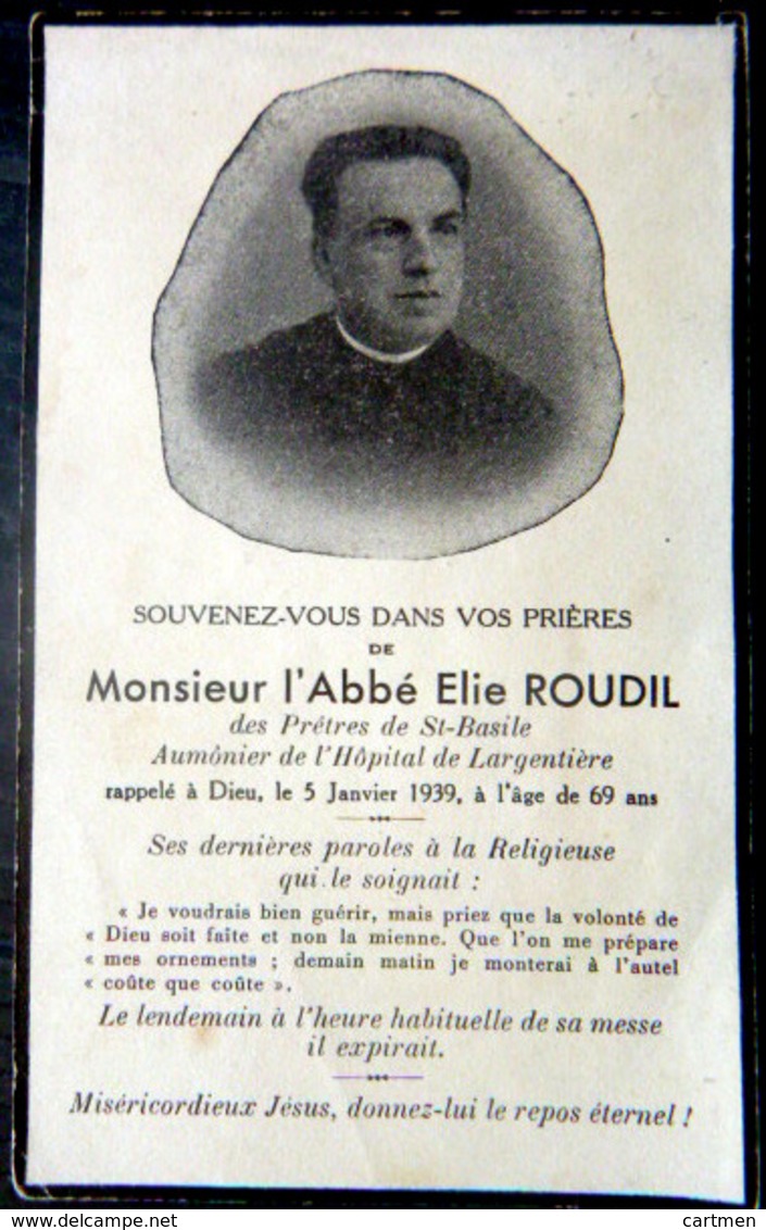 07 LARGENTIERE FAIRE PART DE DECES MEMENTO MORI ABBE ELIE ROUDILGENEALOGIE   AVEC PHOTO - Décès